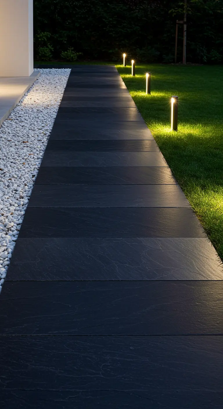 Lang, donker tegelpad langs een gazon, 's avonds verlicht door een rij moderne, strakke tuinlampen.