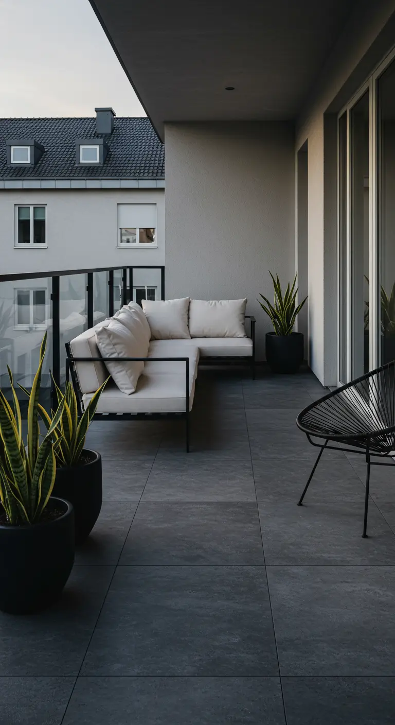 Minimalistisch balkon met witte bank, zwarte potten en donkergrijze tegelvloer.