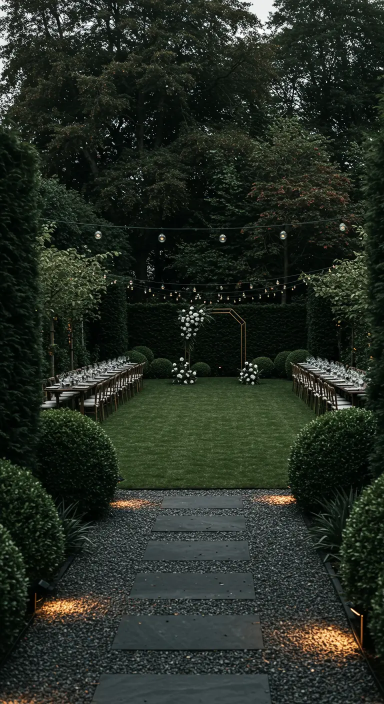 Formele tuin met strakke heggen, minimalistische gouden boog en lange tafels in de avond.