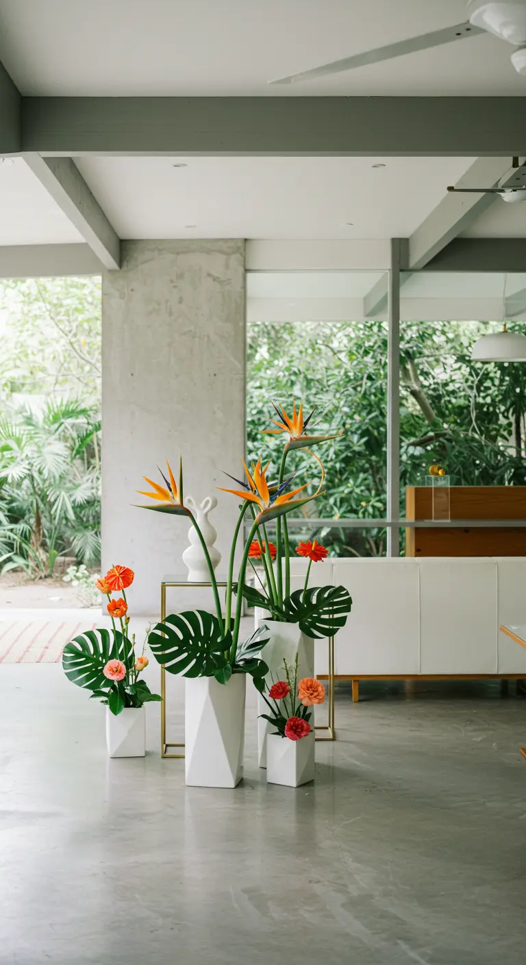 Moderne interieurdecoratie met tropische Strelitzia's en Monstera in geometrische vazen.