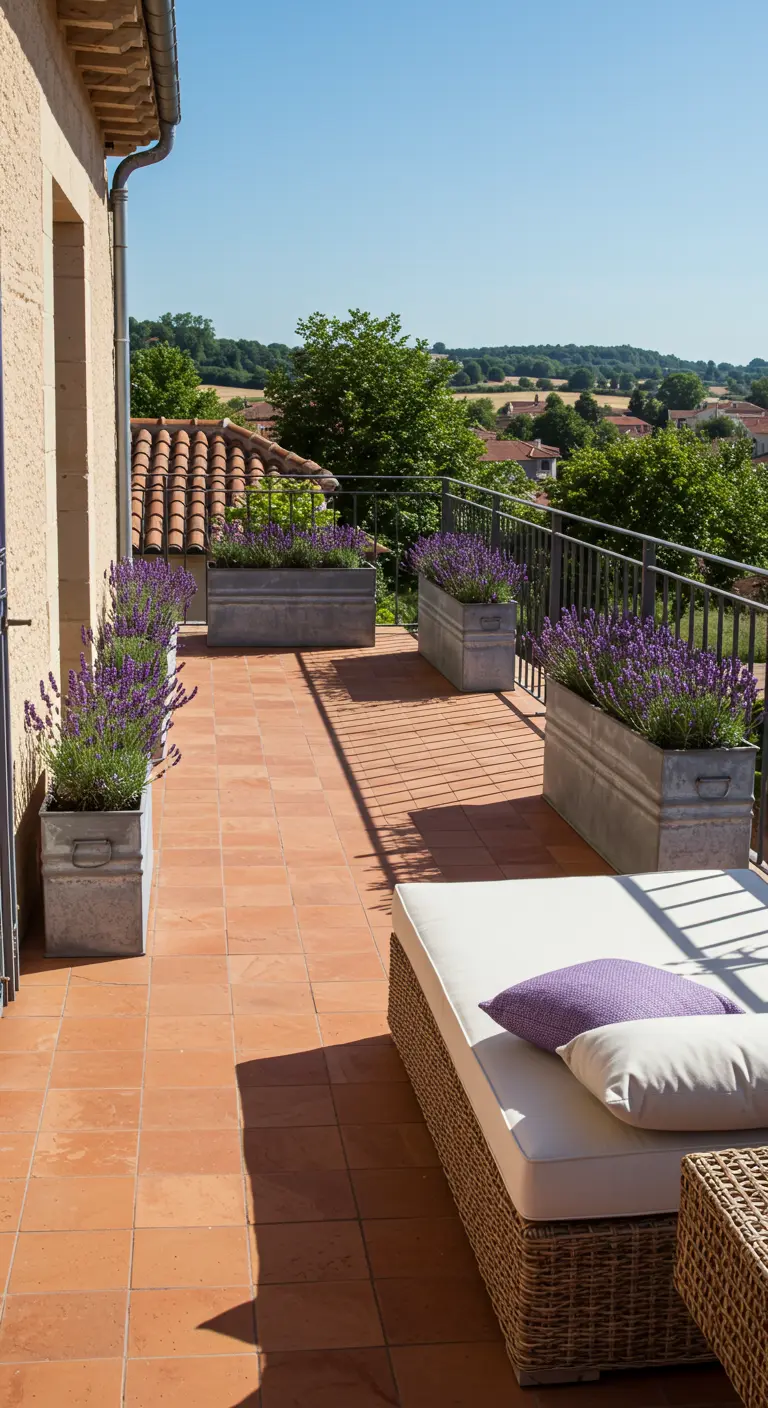 Modern balkon met lavendel in strakke, zinken plantenbakken en een loungebed.