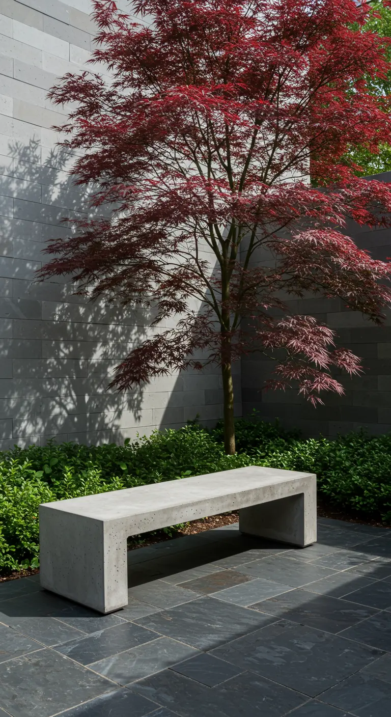 Strakke, minimalistische betonnen bank in de schaduw van een Japanse esdoorn.