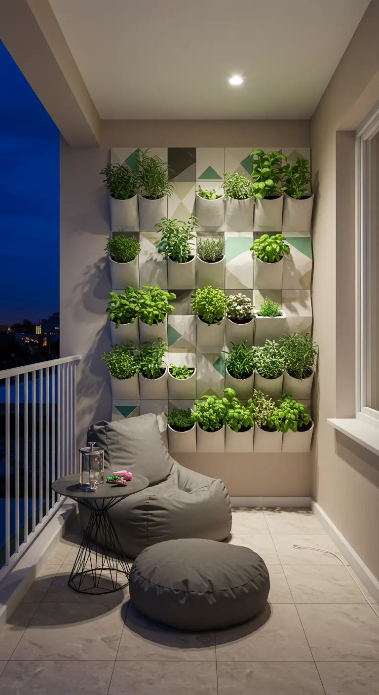 Modern balkon met een patroon van witte modulaire plantenbakken als verticale kruidenwand.