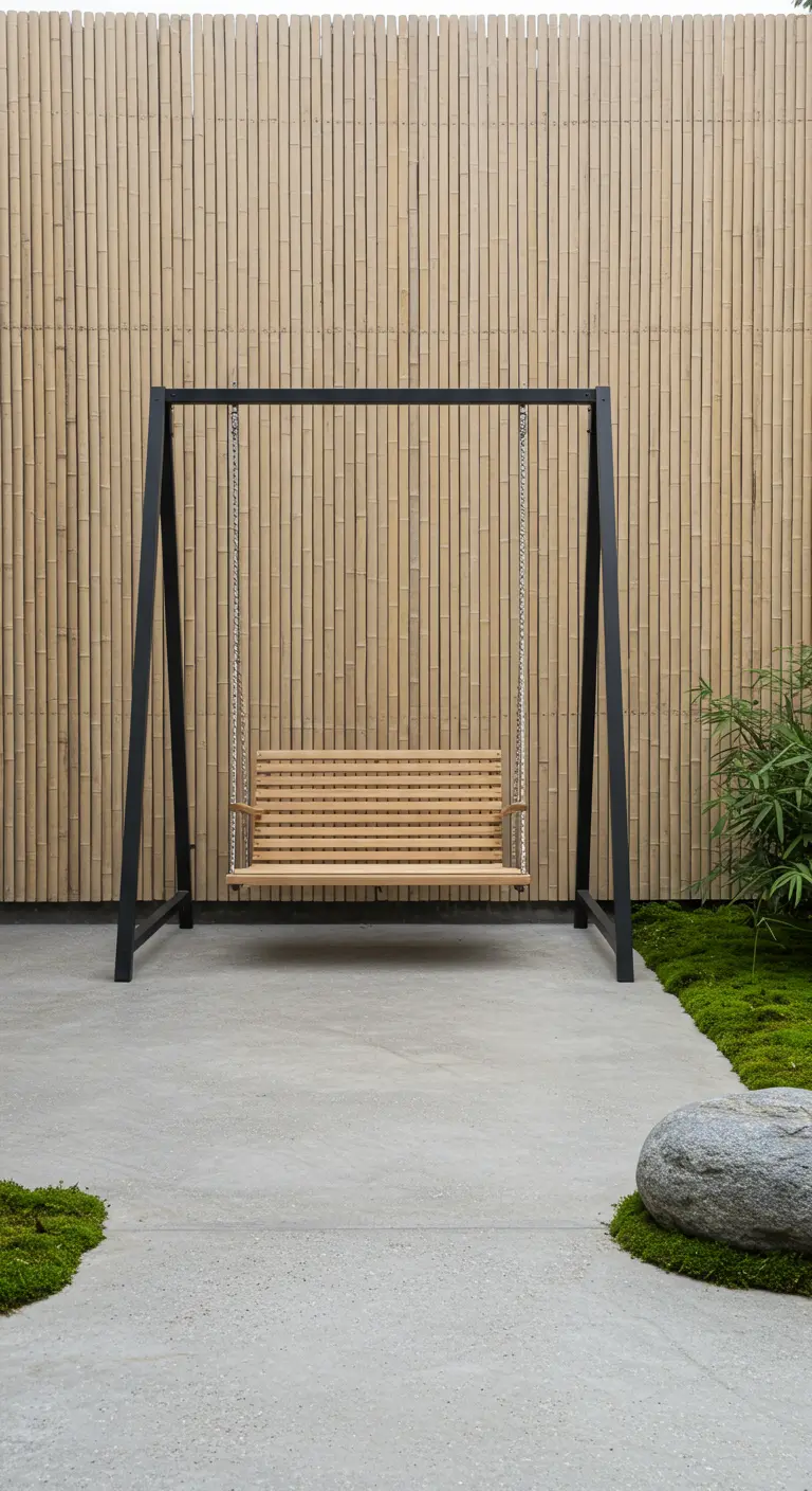 Moderne houten schommelbank met zwart metalen frame voor bamboe hek op betonnen patio.