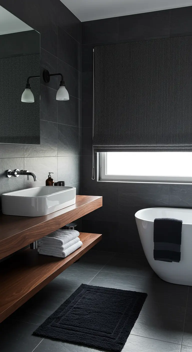 Moderne, donkergrijze badkamer met een geweven, donkergrijs rolgordijn voor het raam.