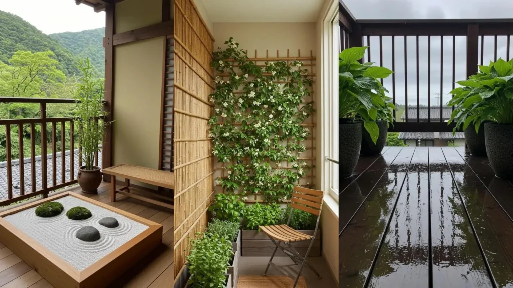 Sfeervolle Japandi balkoninrichtingen met zen-tuinen, bamboe en weelderige planten voor een strakke look.