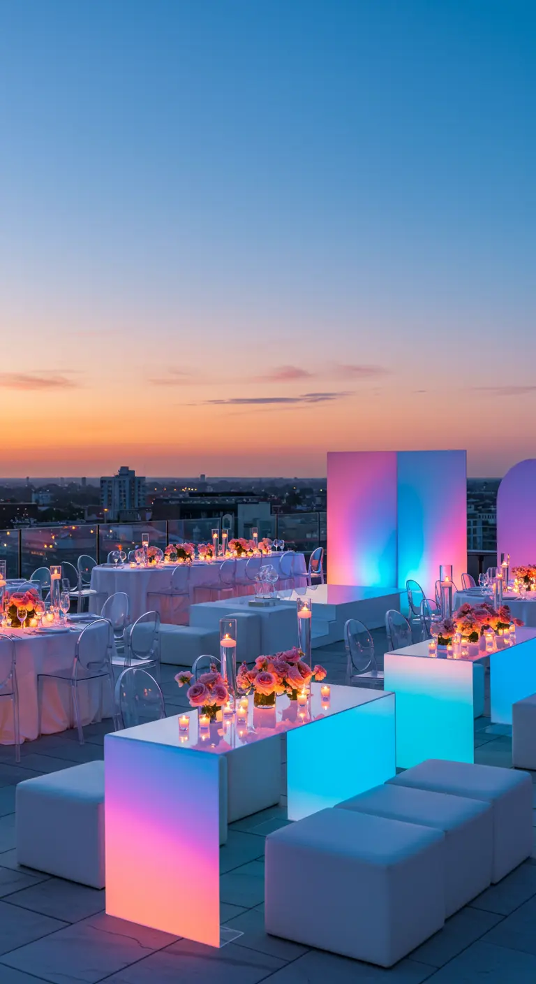 Rooftop evenement bij zonsondergang met lichtgevende meubels en roze bloemdecoraties.
