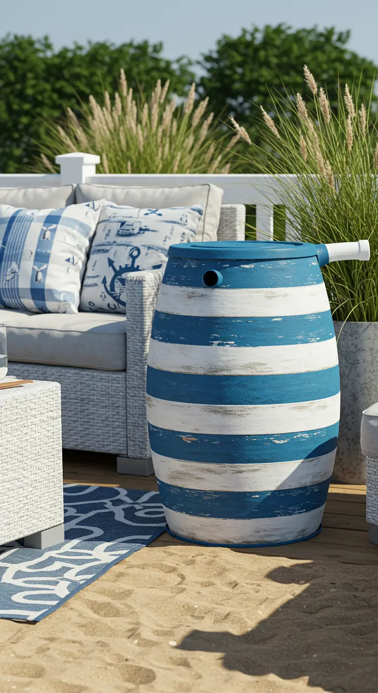 Regenton met blauw-witte strepen in een maritieme buitenruimte met zandkleurige vloer en loungebank.