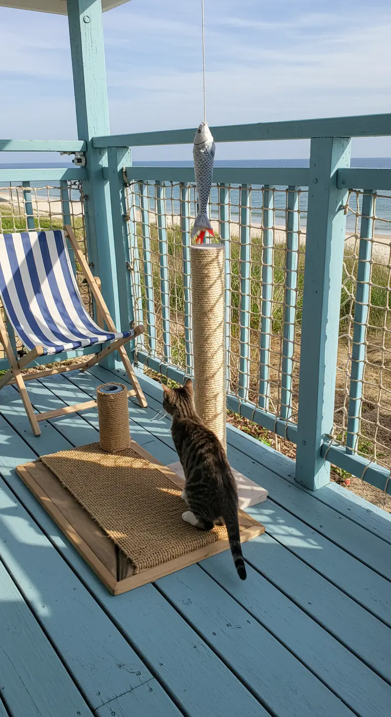 Kat speelt op een blauw balkon met strandstoel en krabpaal met zeezicht.