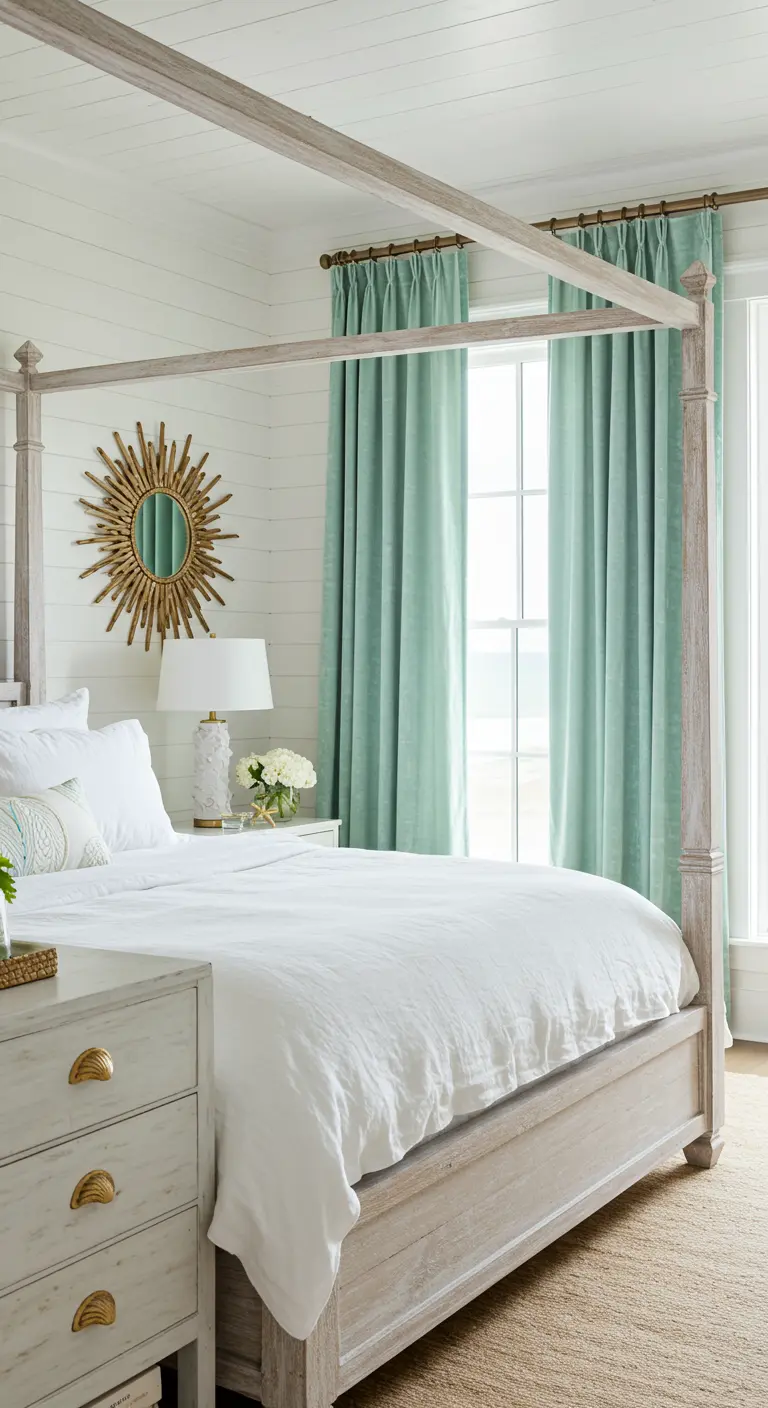 Lichte slaapkamer in strandstijl met mintgroene gordijnen en gouden details.