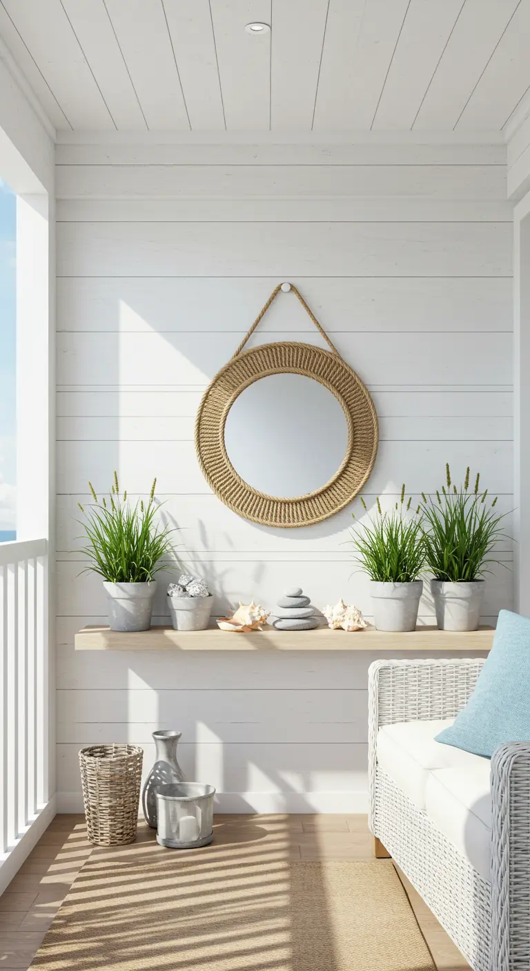 Lichte, witte balkonmuur met een ronde spiegel in een touwframe en een plank met strandvondsten.