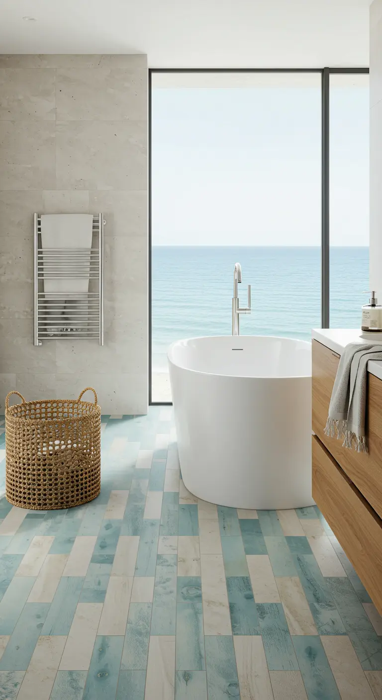 Badkamer met uitzicht op zee en een vloer van keramische tegels met een verweerde houtlook in blauw- en wittinten.