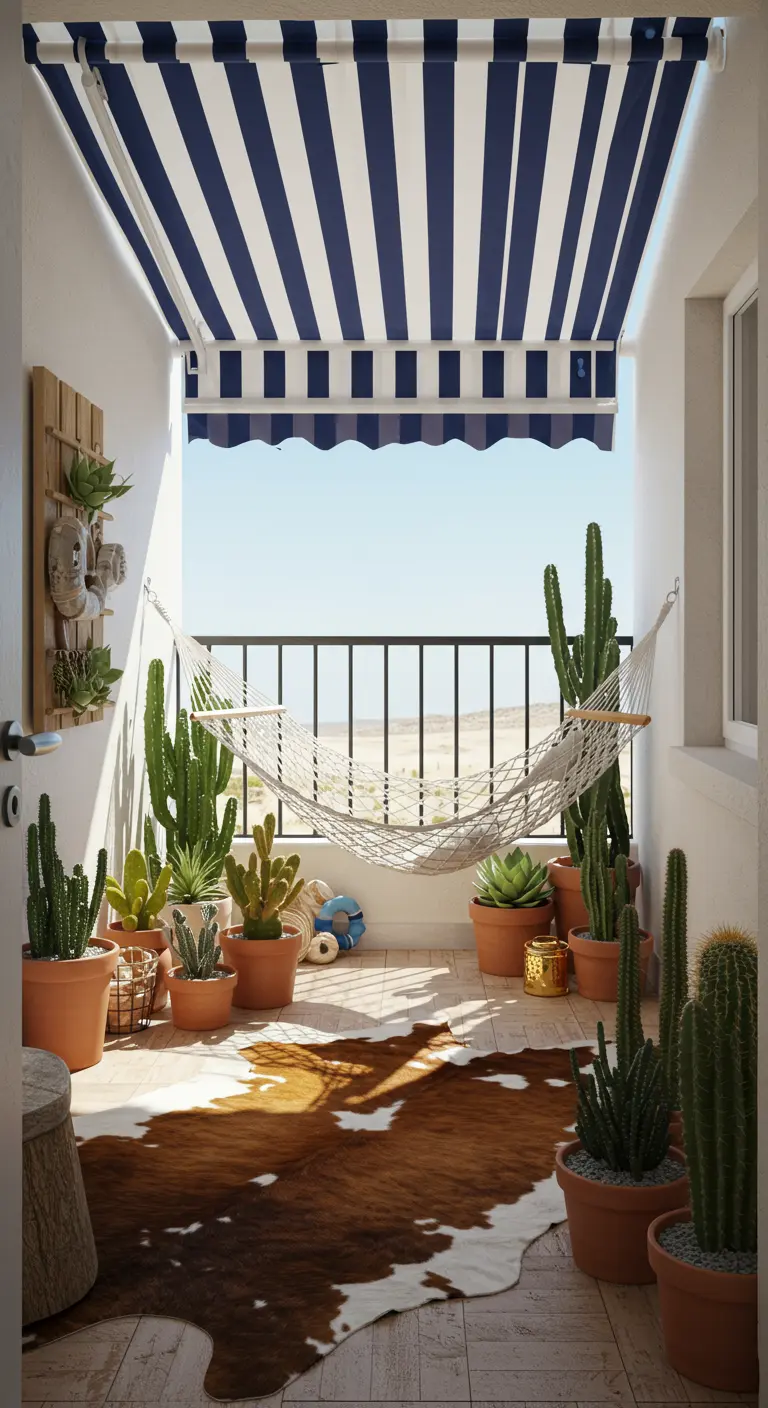Balkon met een blauw-wit gestreept zonnescherm, een hangmat, cactussen en een koeienhuid op de vloer.