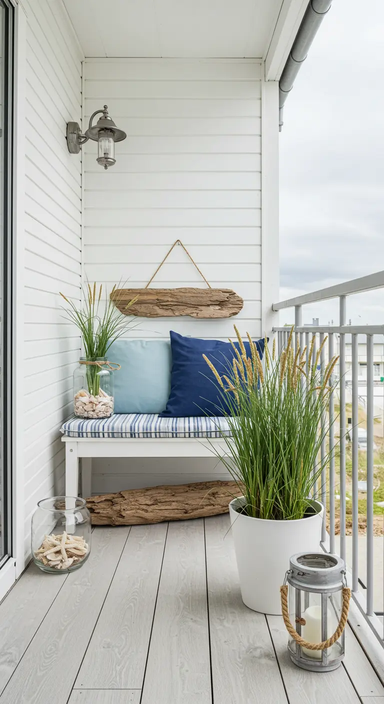 Balkon in strandstijl met witte houten wanden, een bankje met blauwe kussens en decoratie van drijfhout.