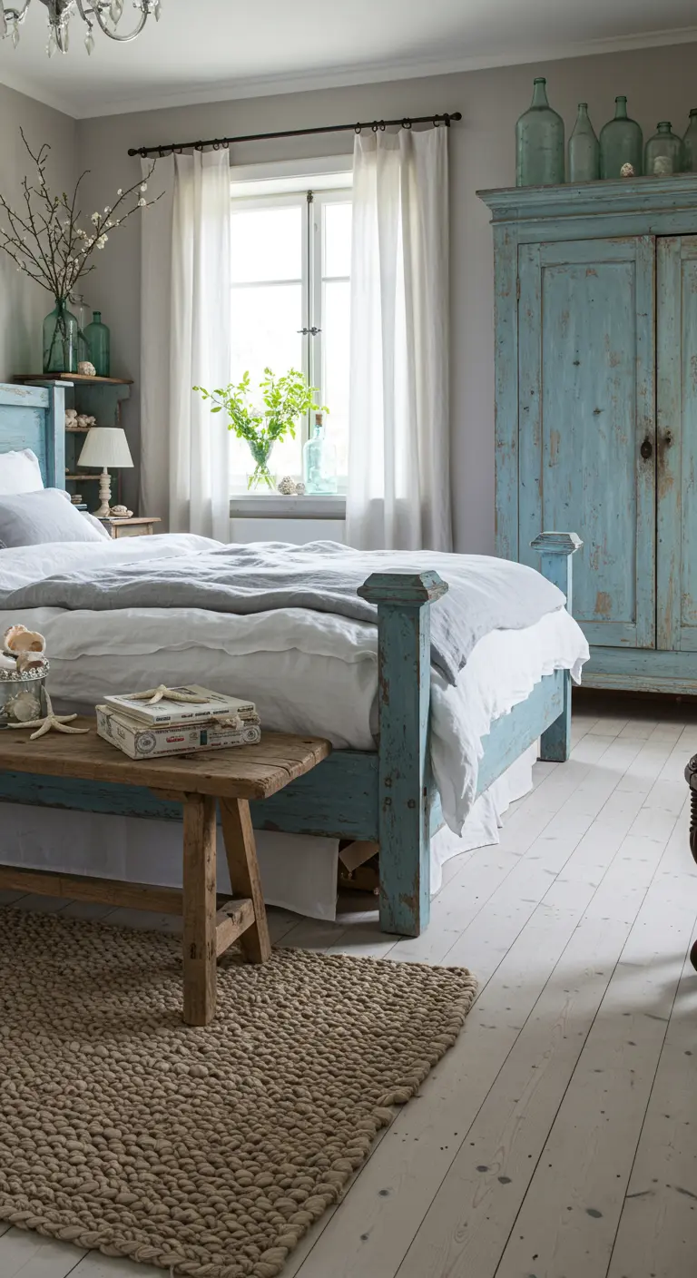 Kustgeïnspireerde slaapkamer met verweerd blauw meubilair en stranddecoraties.