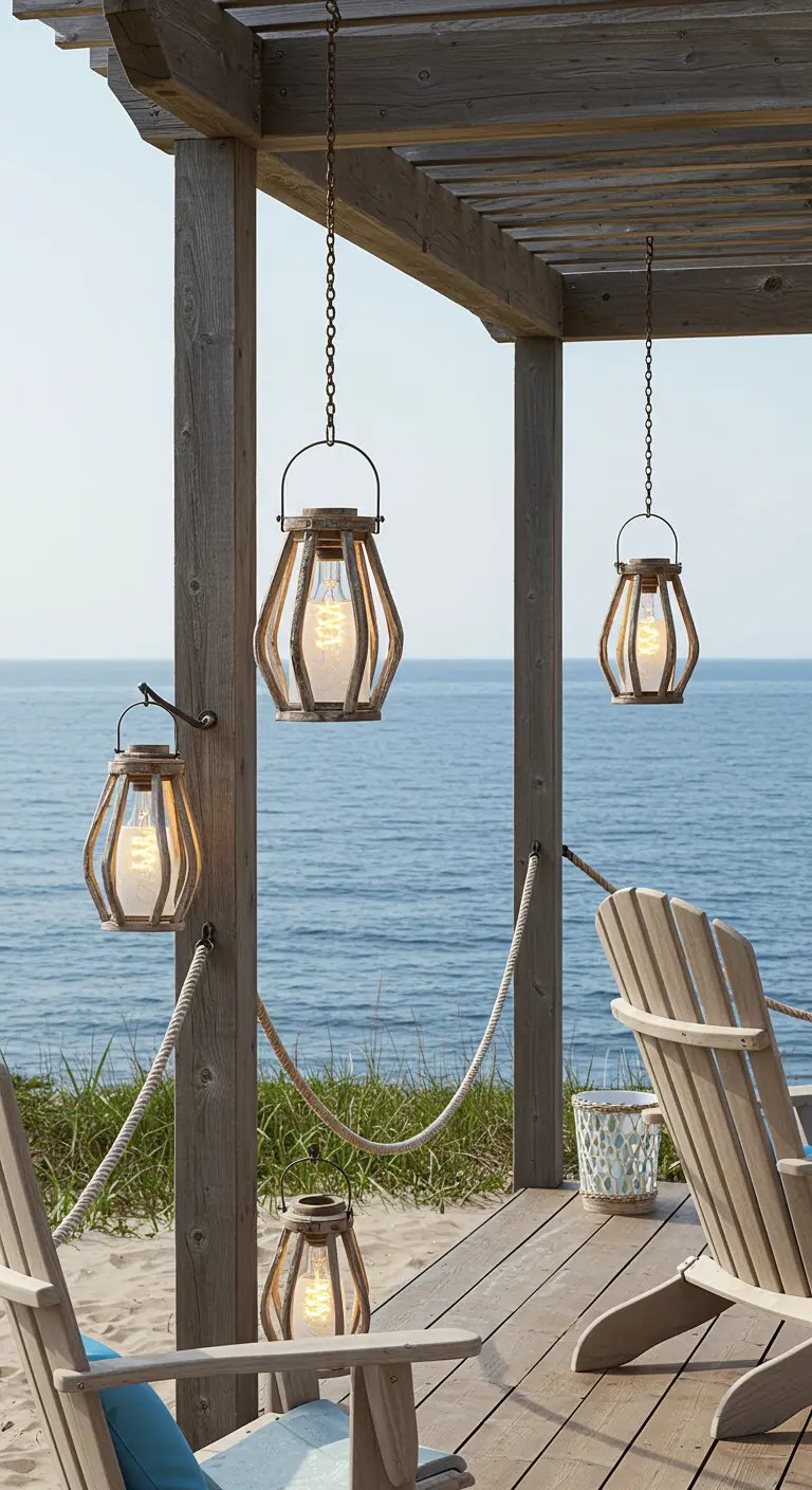 Veranda aan het strand met houten pergola, waaraan houten lantaarns met glazen kappen hangen, uitzicht op zee.