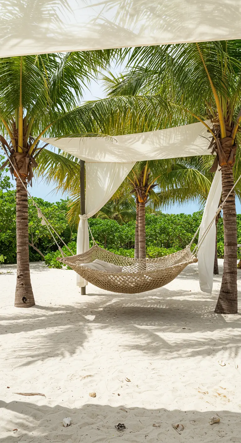 Geweven hangmat met witte doeken tussen palmbomen op een wit zandstrand.