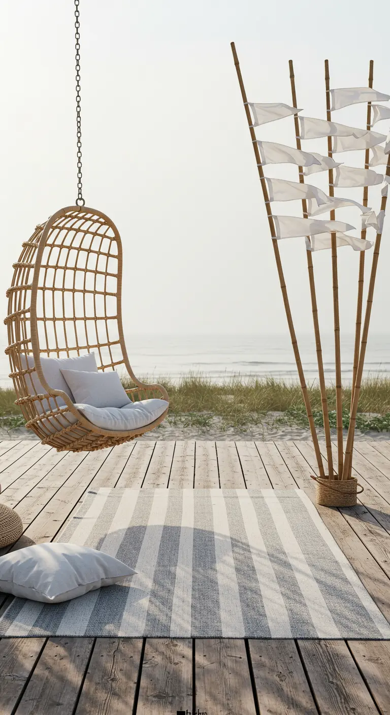 Strandterras met een rotan hangstoel, gestreept kleed en bamboestokken met vlaggen.