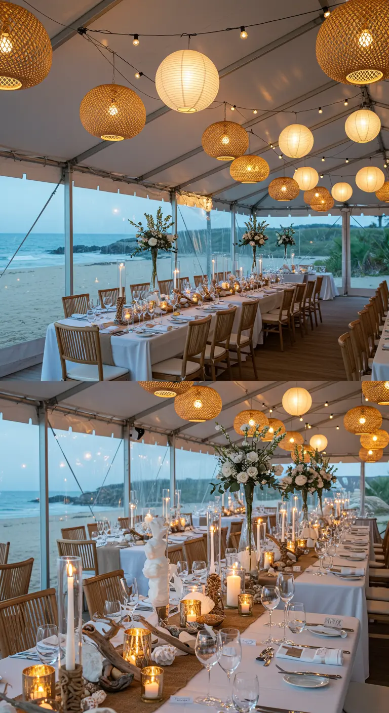 Lange dinertafel in een tent aan het strand, versierd met rotan en papieren lampionnen.