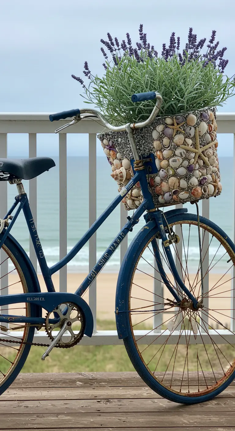 Blauwe fiets met een mand beplakt met schelpen, gevuld met lavendel, op een veranda met uitzicht op zee.