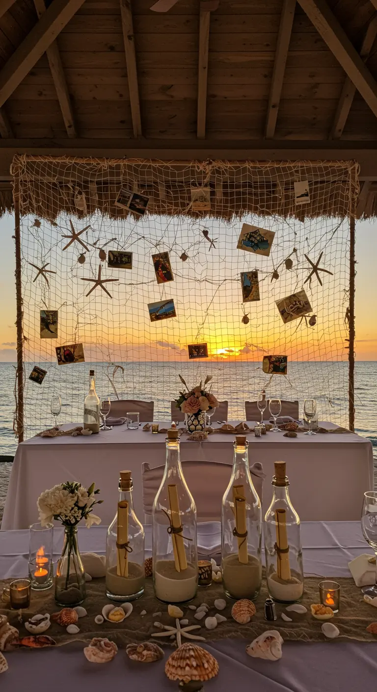 Dinertafel aan het strand bij zonsondergang, met een visnet erachter versierd met ansichtkaarten.
