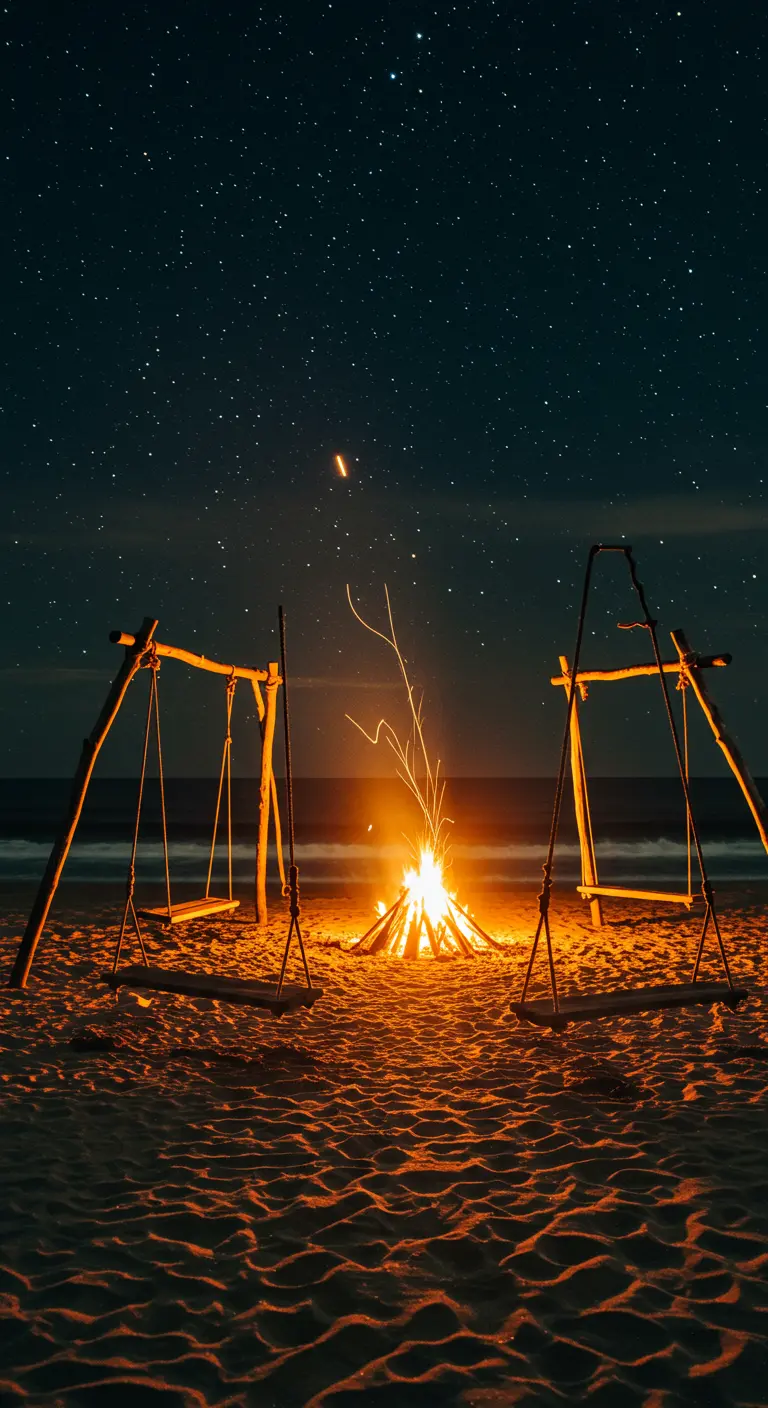 Twee simpele houten schommels op het strand, aan weerszijden van een kampvuur bij de zee.