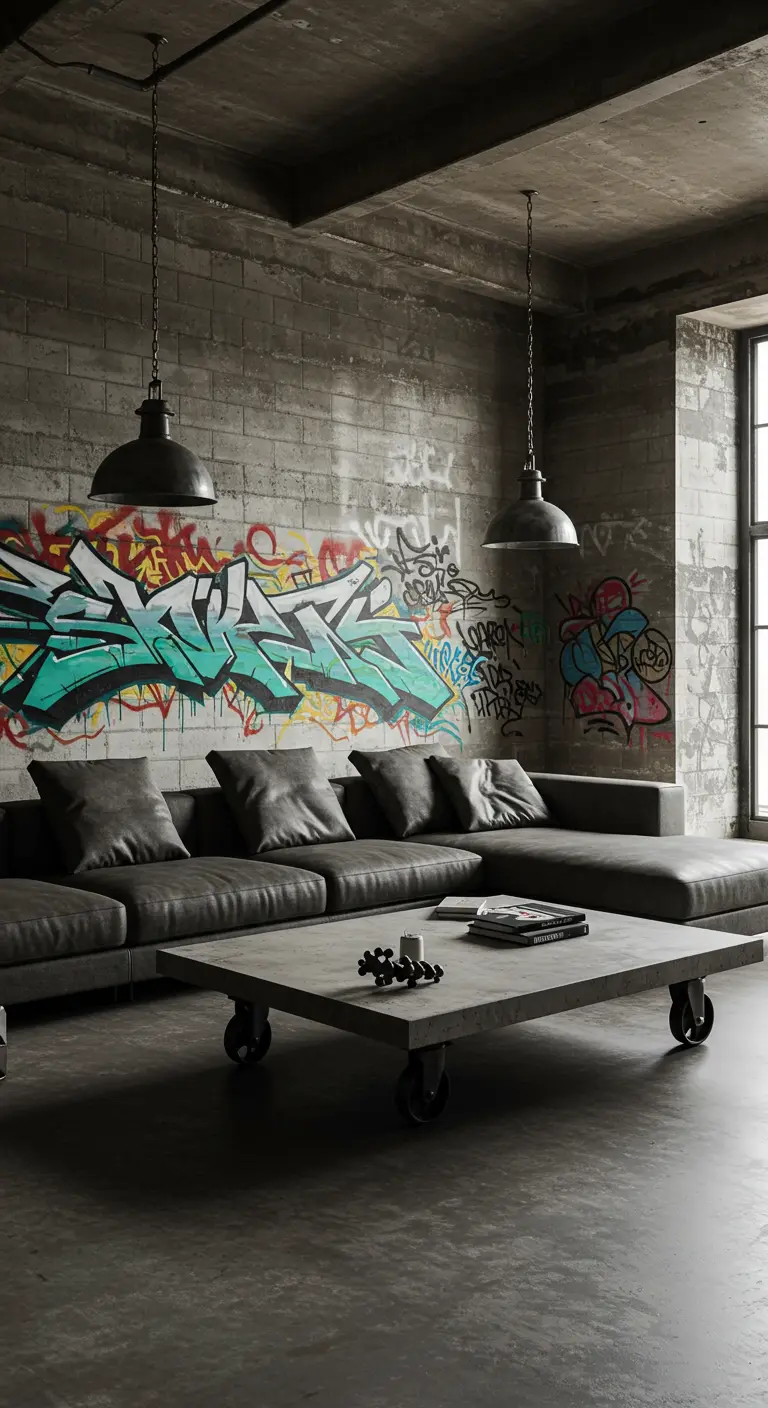 Industriële loft met een bakstenen muur bedekt met kleurrijke graffiti, met een donkere leren bank.