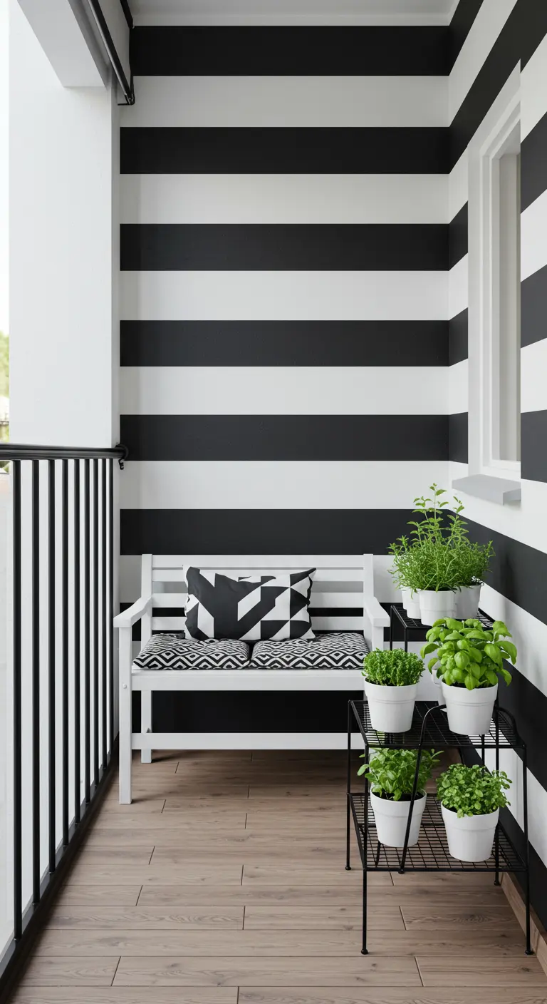 Smal balkon met zwart-wit gestreepte muren, een wit bankje en een kruidenrekje.