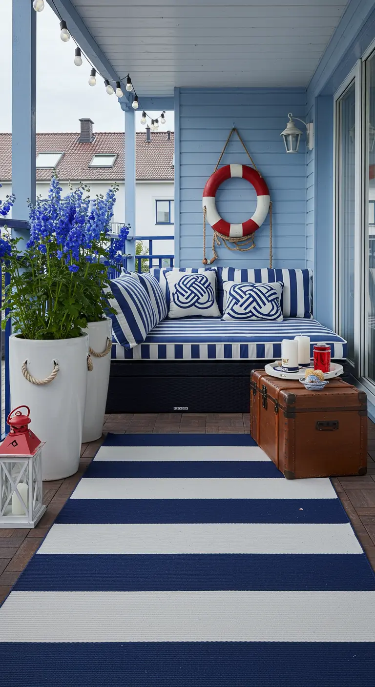 Nautisch balkon met blauw-wit gestreept kleed, bank met kussens, reddingsboei en potten met touw.