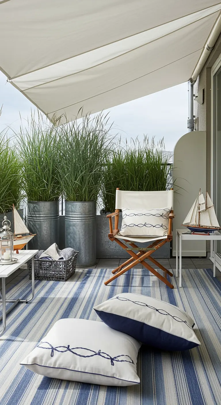 Nautisch balkon met blauw-wit gestreept kleed, hoge planten in zinken potten, zeilbootjes en regisseursstoel.