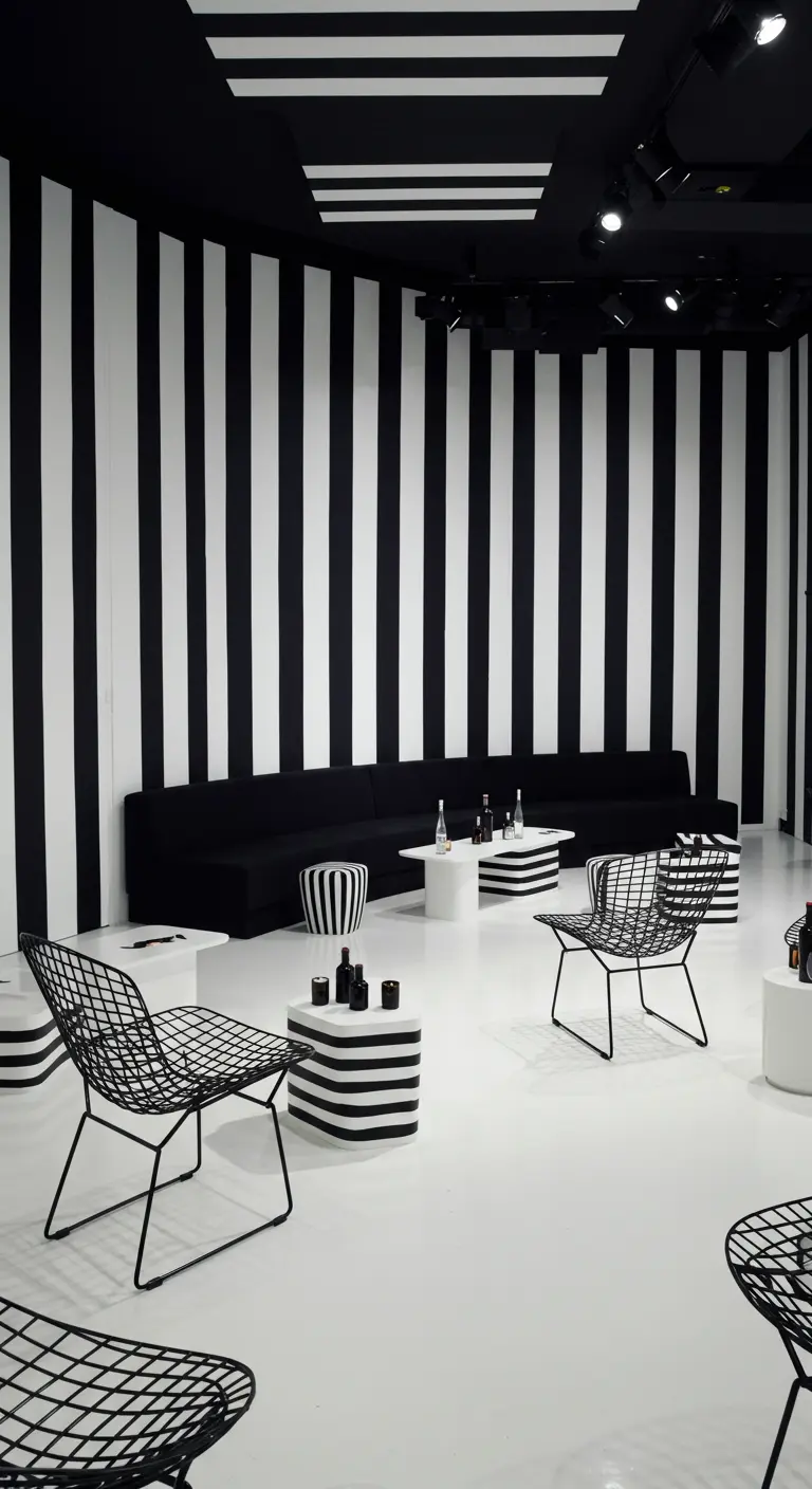 Moderne lounge met verticale zwart-wit gestreepte muren en bijpassende meubels.