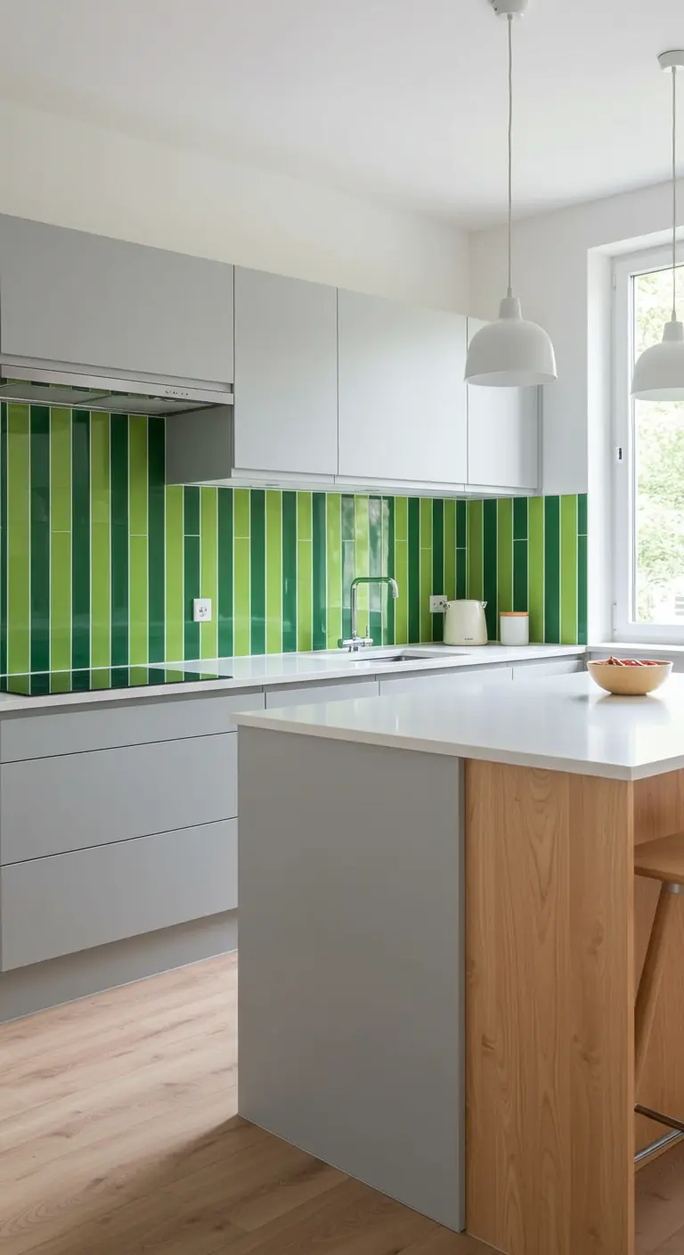 Grijze keuken met een spatwand van verticale groene tegels.