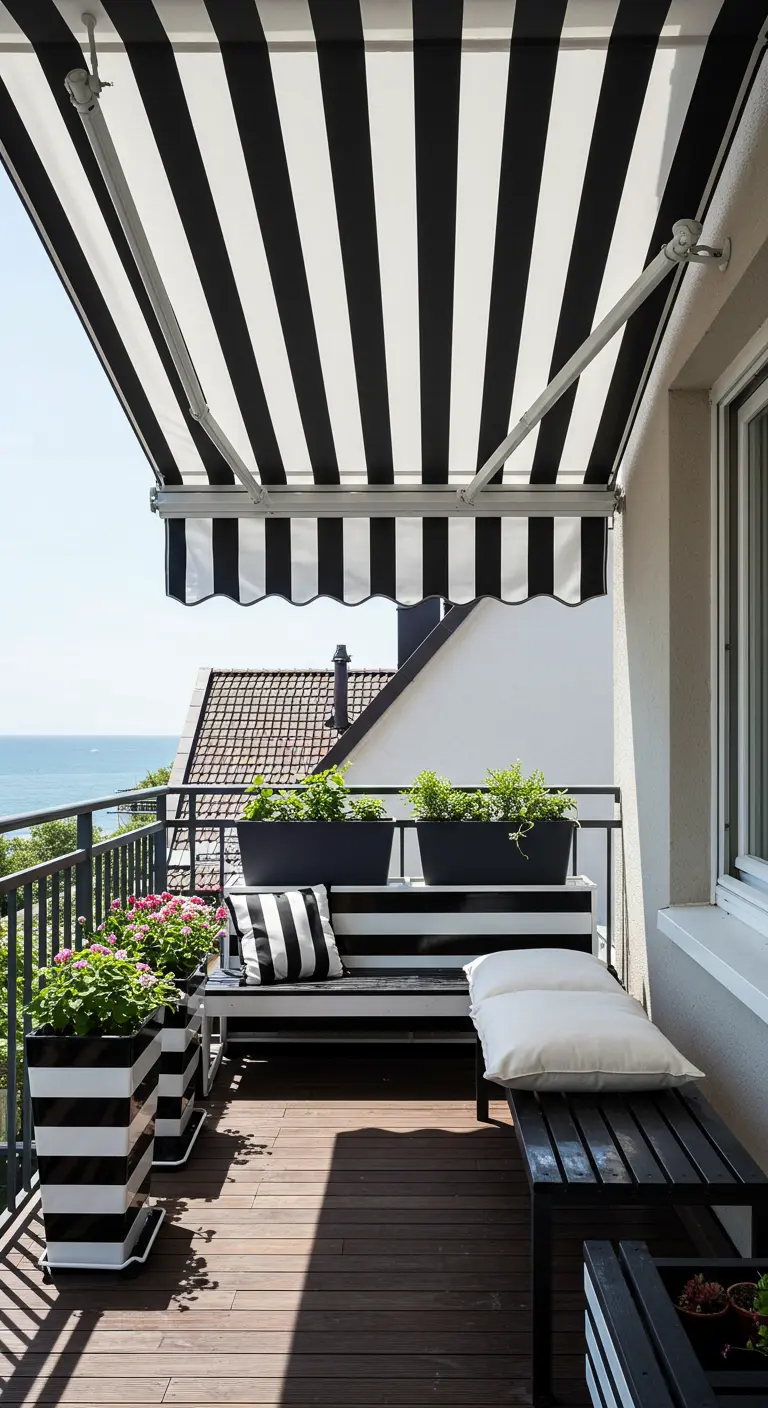 Balkon met zwart-wit gestreept zonnescherm, gestreepte kussens en gestreepte bloembakken.