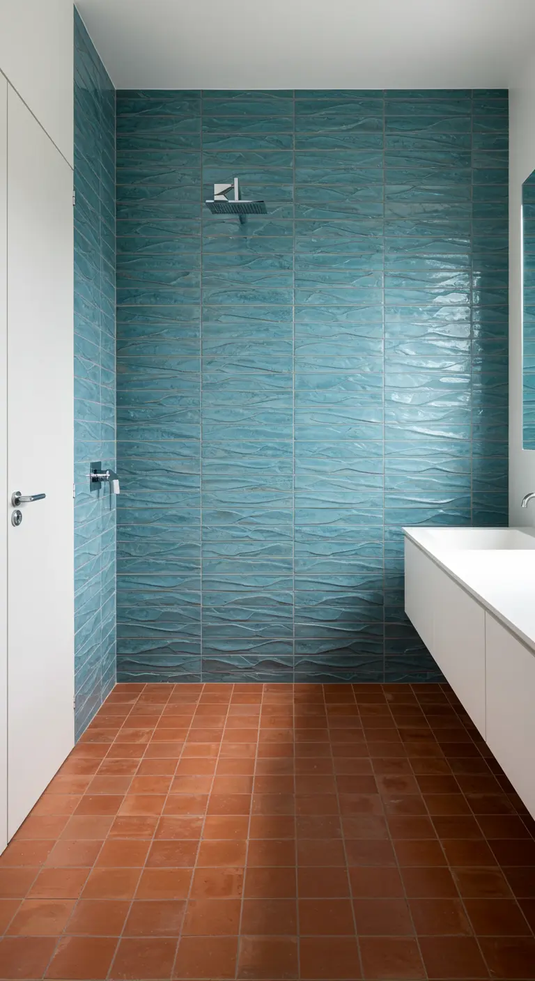 Grote inloopdouche met een volledige wand van golvende, blauwgroene tegels.