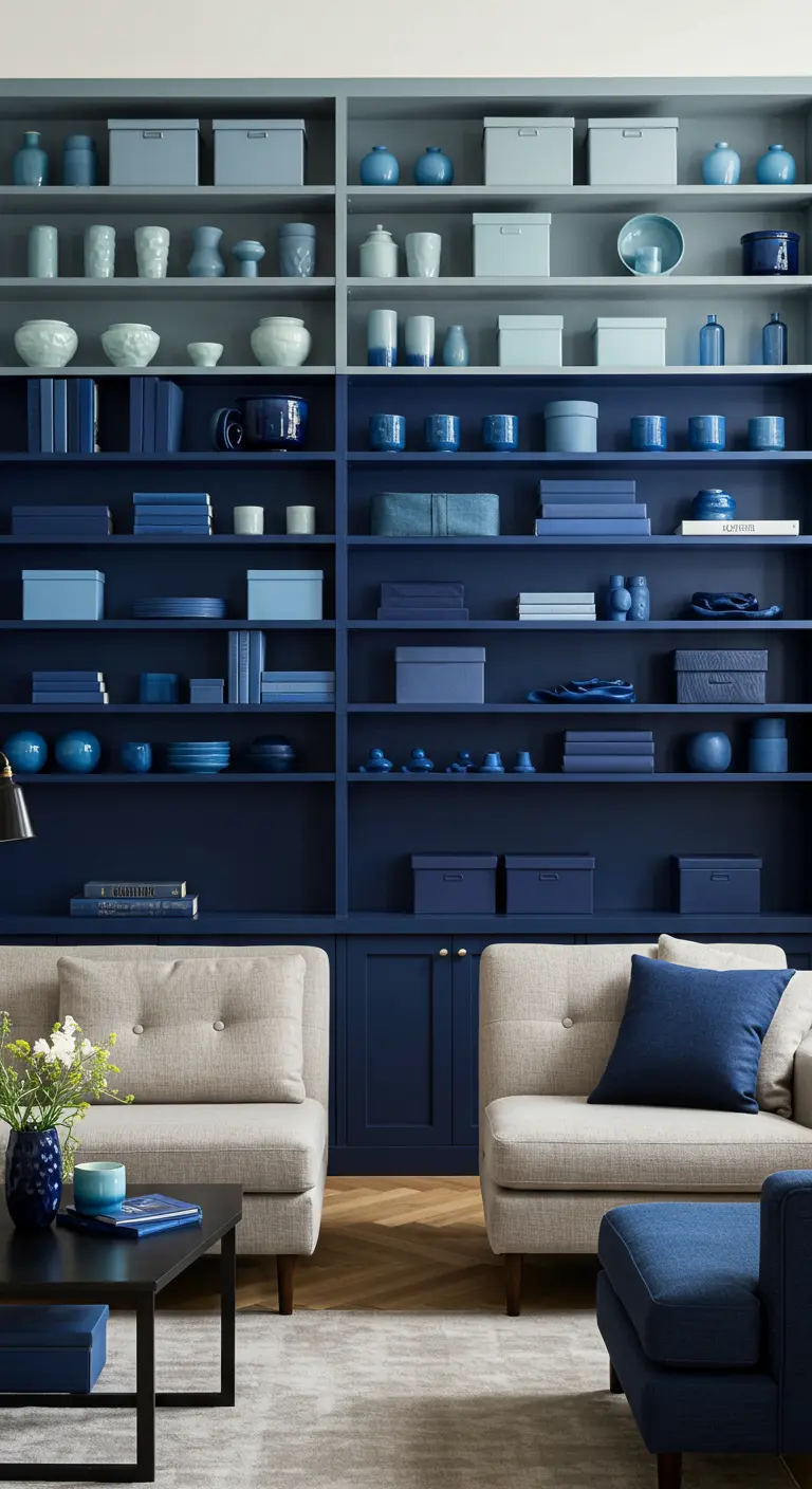 Grote, donkerblauwe open kast gestyled met objecten in diverse blauwtinten.