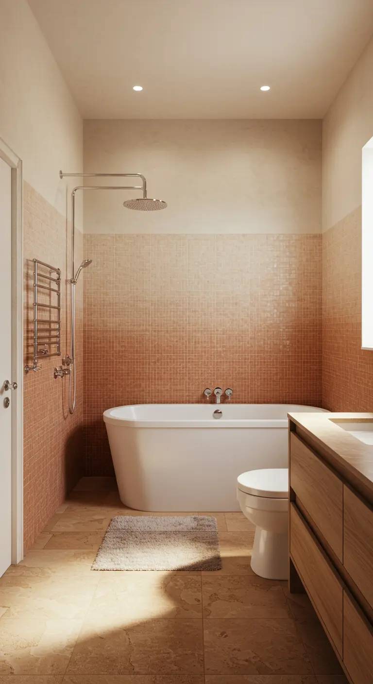 Badkamer met een ombre-effect van terracotta mozaïektegels, van donker naar licht.
