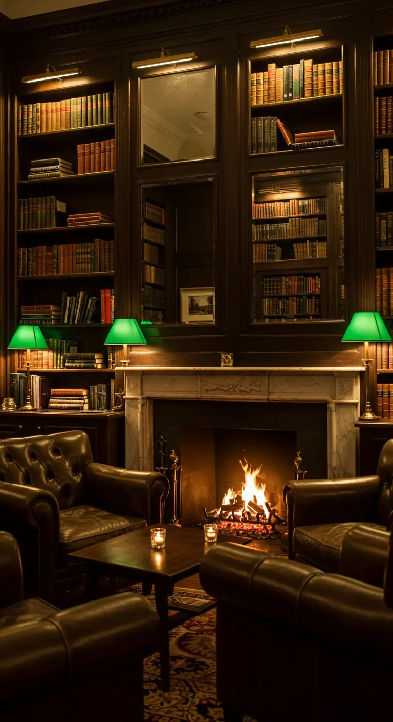 Klassieke bibliotheek met donkerhouten boekenkasten, haardvuur en ingebouwde spiegels.