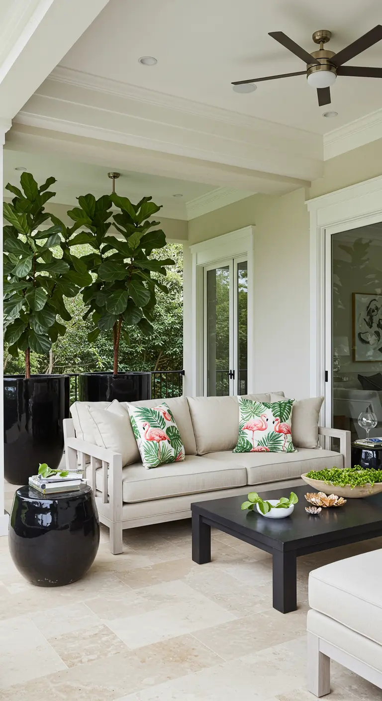 Elegante veranda met lichte bank, kussens met flamingoprint en grote zwarte plantenpotten.