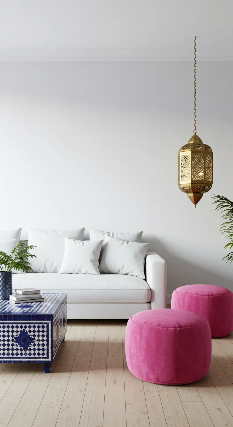 Minimalistische witte woonkamer met roze poefs, blauw-witte salontafel en gouden lantaarn.