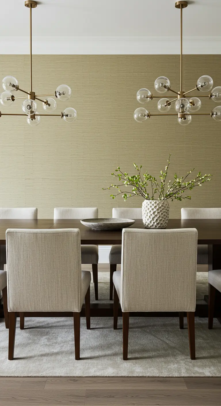 Elegante eetkamer met neutrale gestoffeerde stoelen, twee gouden kroonluchters en getextureerd behang.