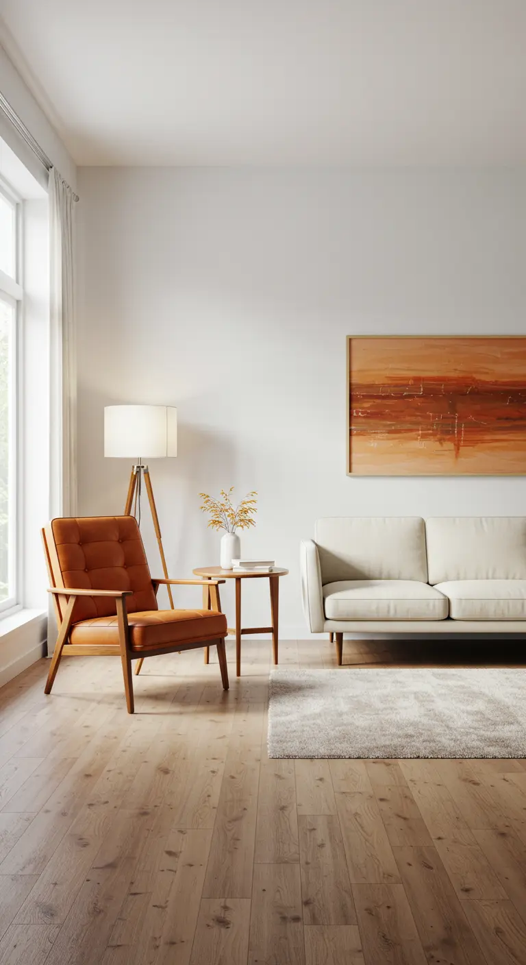 Lichte woonkamer met oranje leren fauteuil, crèmekleurige bank en abstract oranje schilderij.