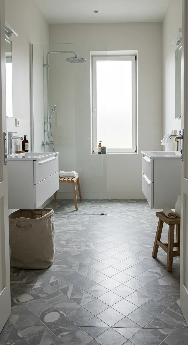 Lichte badkamer met een vloer van grijze patroontegels in een versleten look en witte meubels.