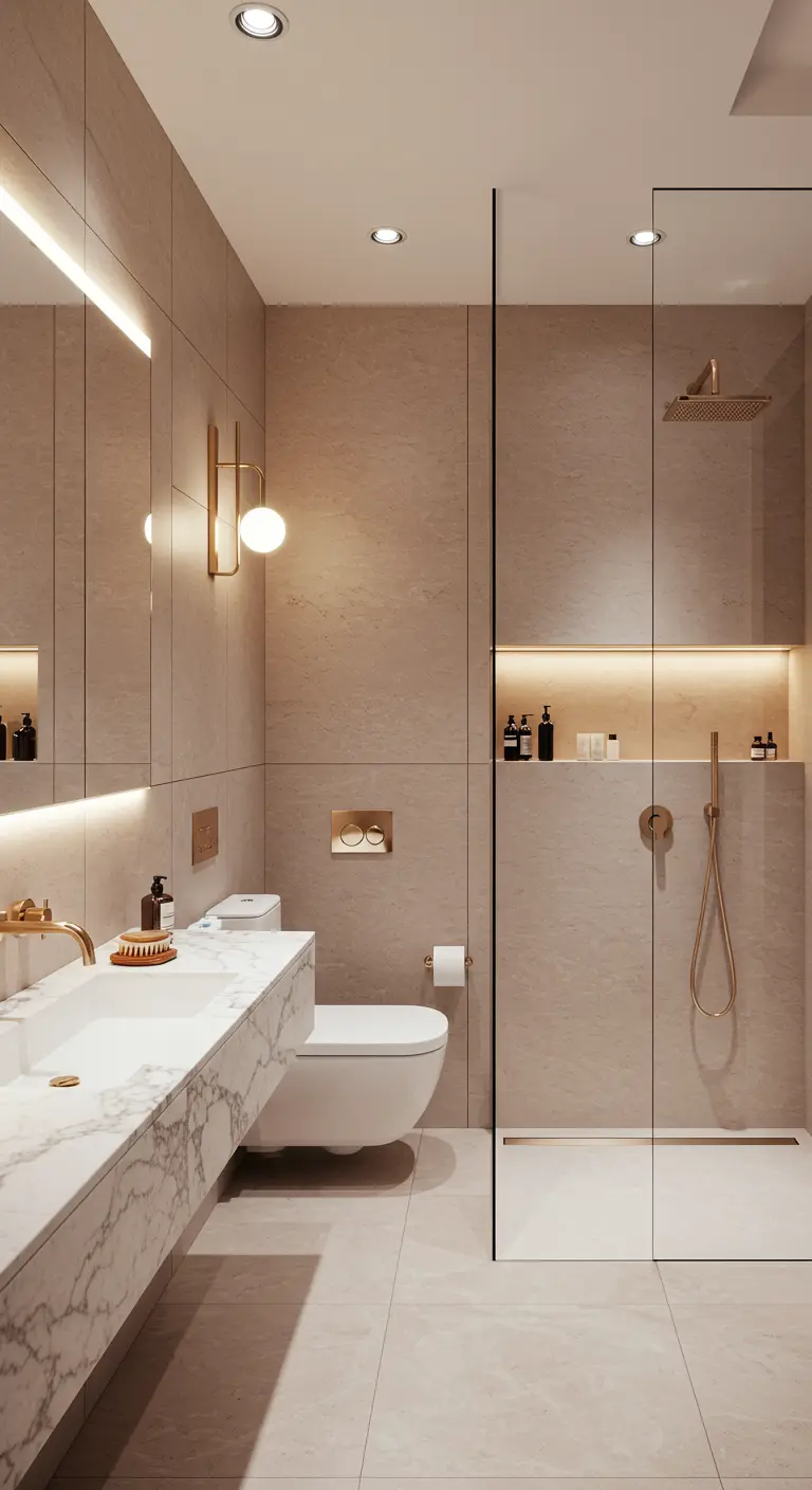 Luxe beige badkamer met een marmeren wastafel en warme gouden kranen en verlichting.