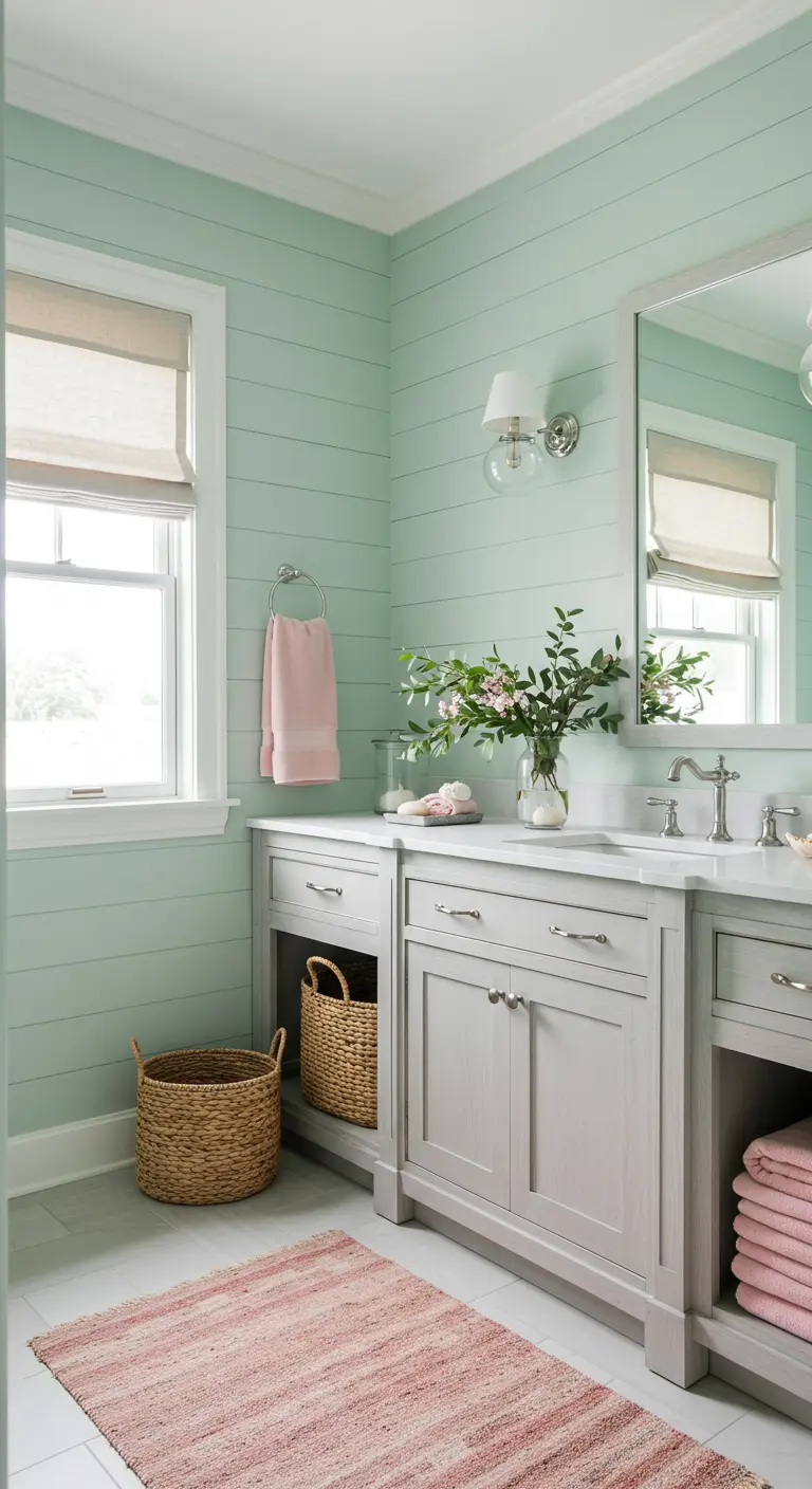 Landelijke badkamer met mintgroene houten lambrisering en roze textielaccenten.