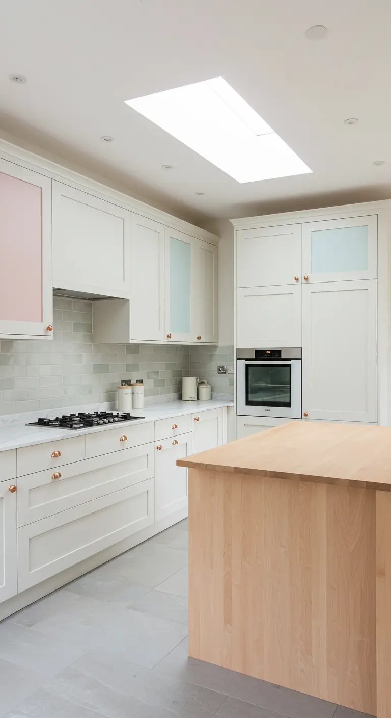 Lichte keuken met witte kasten, lichtroze en lichtblauwe deurtjes en houten kookeiland.