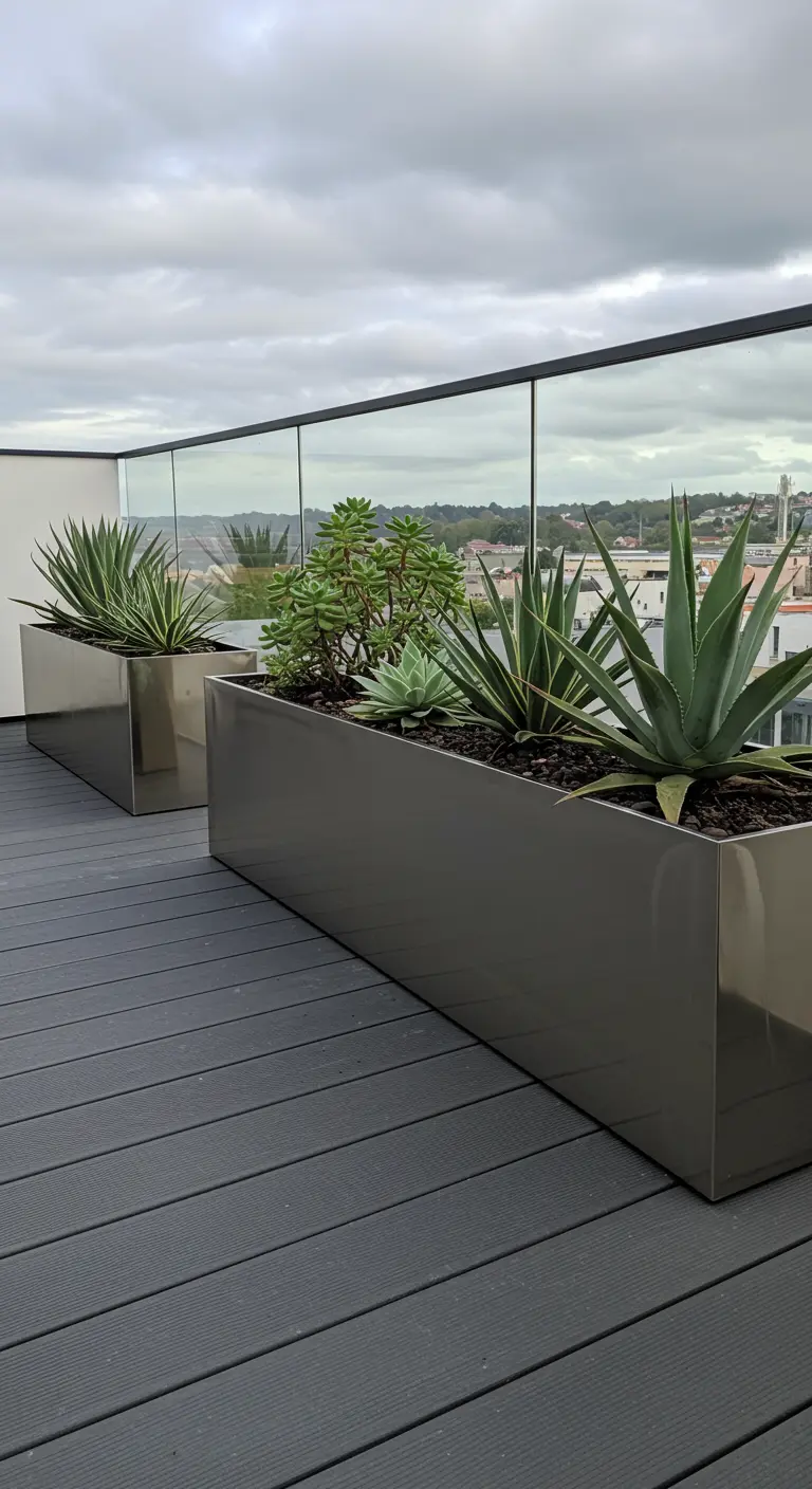 Moderne plantenbakken van glimmend metaal op een donker balkon.