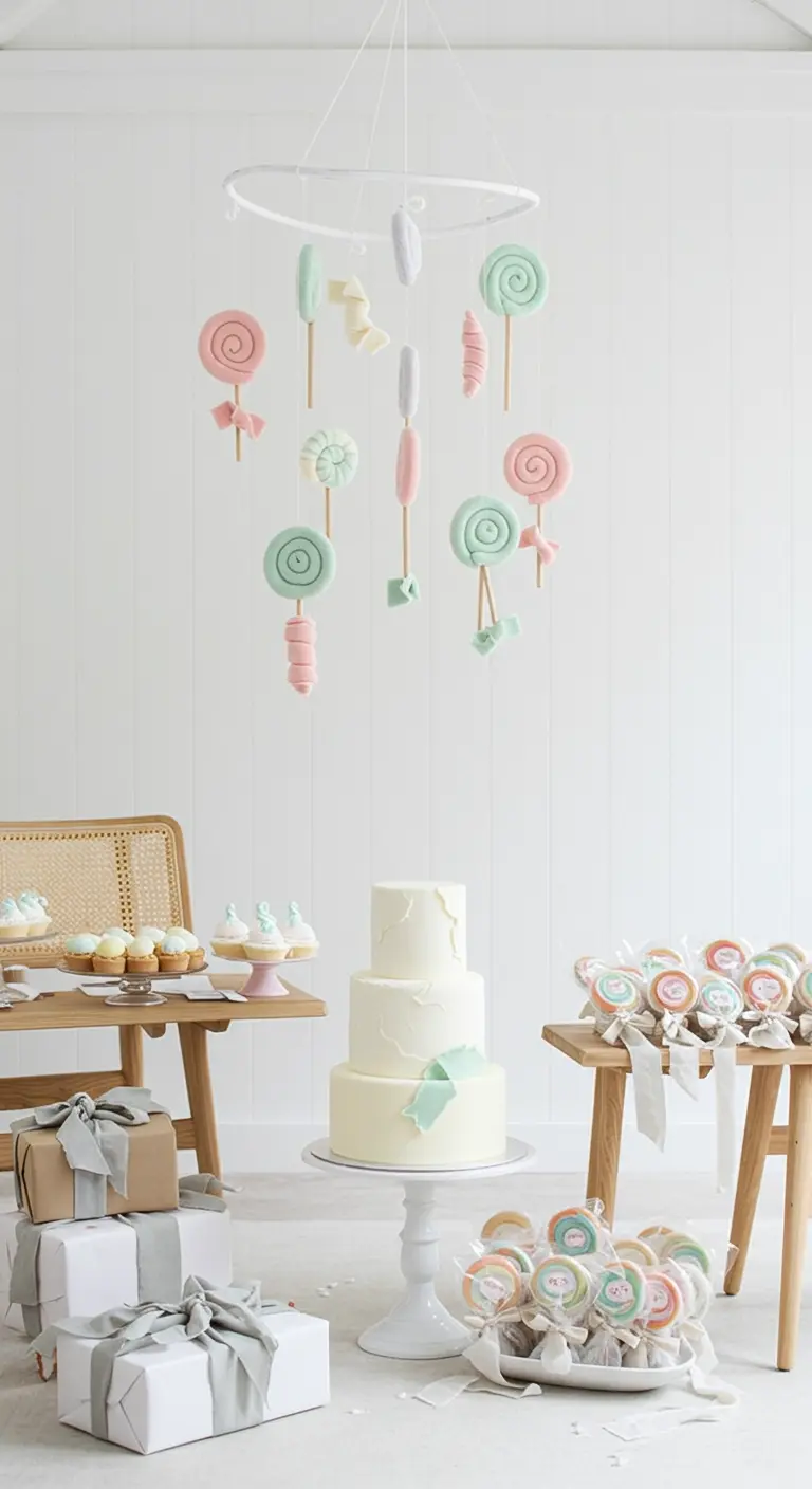 Hangende mobiel met handgemaakte snoepjes van klei boven een feesttafel.