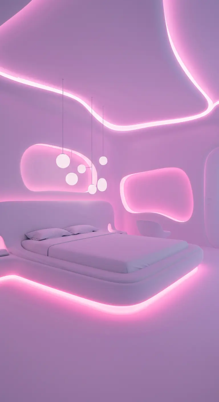 Zachtroze slaapkamer met golvende muren, roze LED-verlichting en hangende bolvormige lampen.