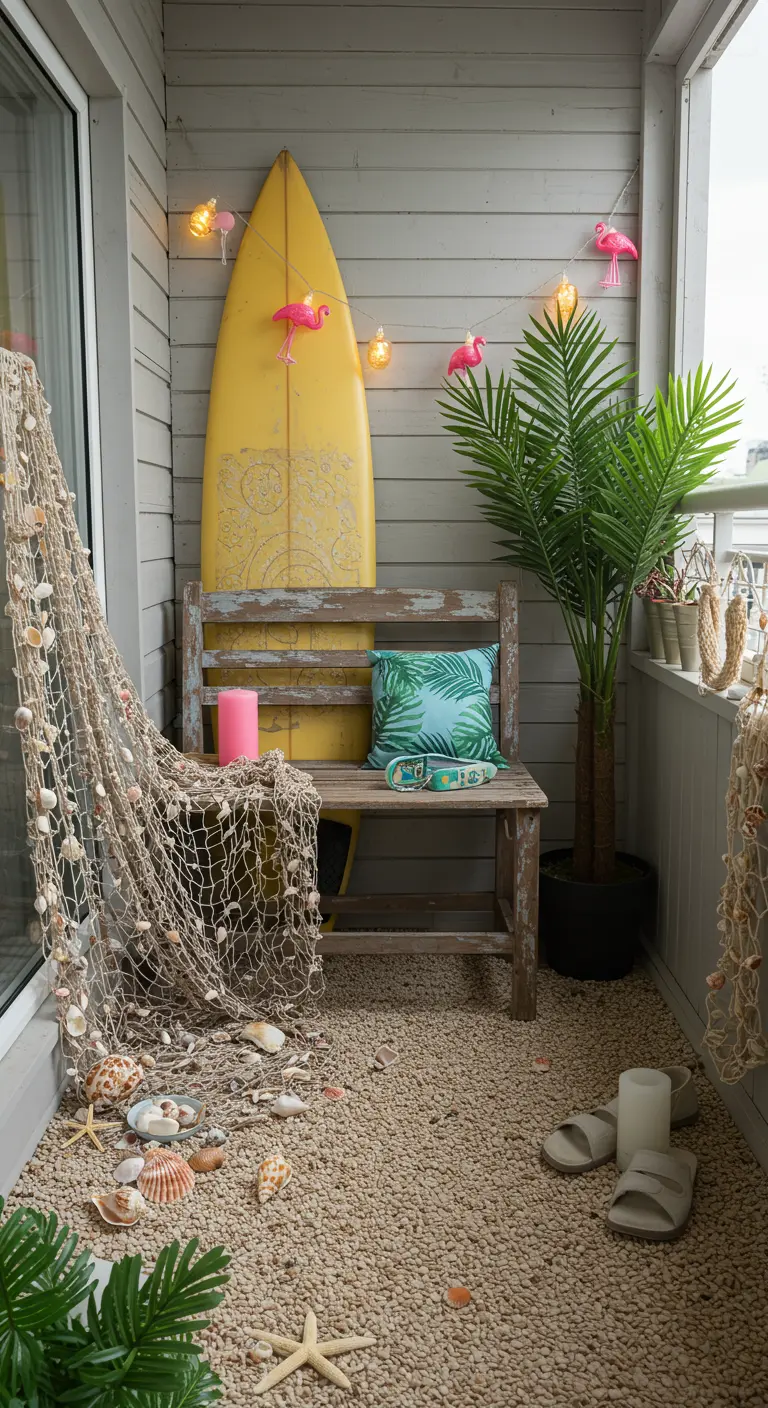 Balkon in strandthema met een surfplank, kiezels op de vloer en een visnet.