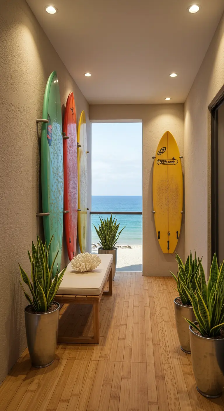 Gang met meerdere surfboards verticaal aan de muur, planten en uitzicht op de oceaan.